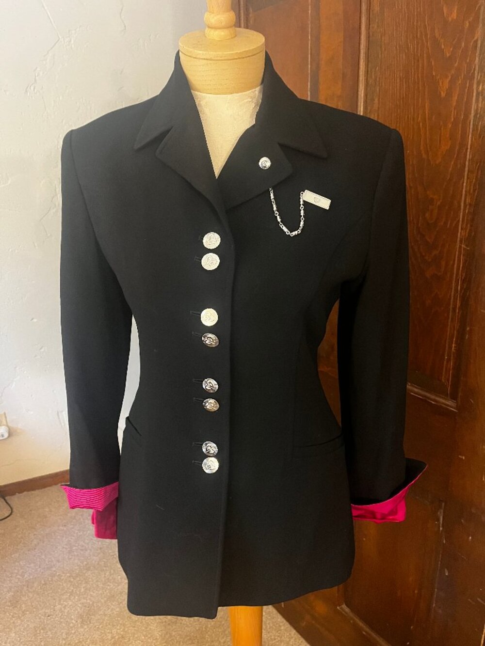 Vintage Griffith Gray for St. John Black Wool Coat with Pink Cuffs, Size 2